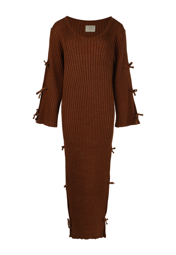 GOLDEN MOCCHA BOW  KNIT DRESS LONG SLEVE